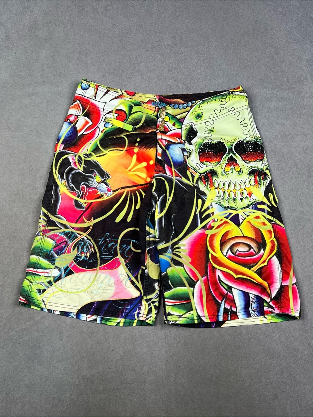Christian Audigier Neon Skull Board Shorts - Multicolor